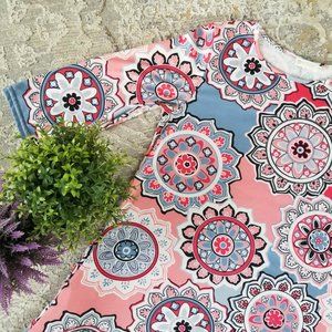 Dress. Coral, Peach, Periwinkle, White, Mandala Print. Size Medium.
